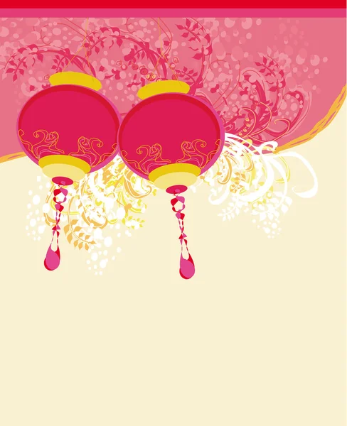 Año Nuevo Chino con tarjeta de linternas, vector — Archivo Imágenes Vectoriales