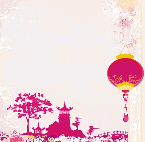 Oud papier met Aziatische landschap en chinese lantaarns - vintage ja — Stockvector
