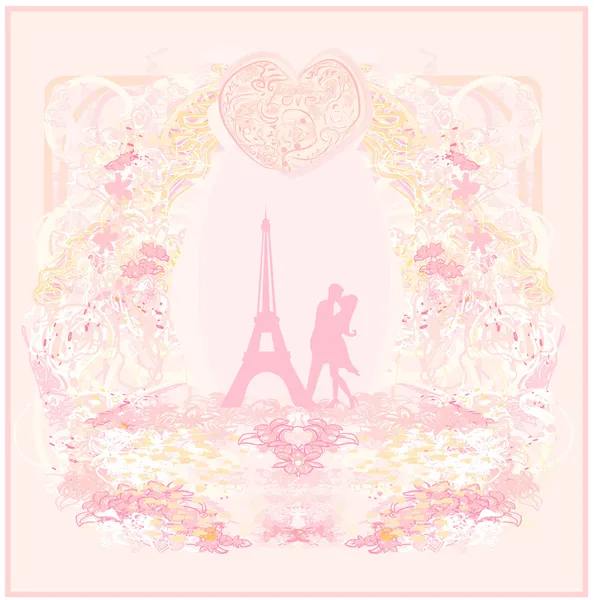 Romantik Çift siluet Paris Eiffel vaktimiz öpüşme — Stok Vektör