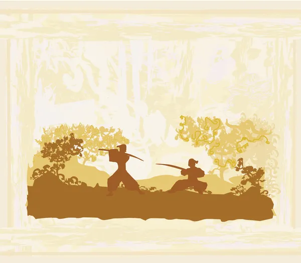 Samurai silhouette in abstract Asian Landscape — Stock Vector