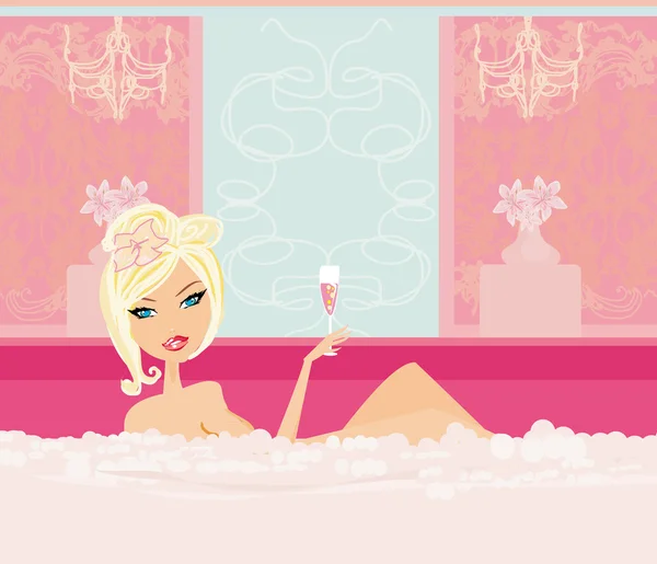 Woman with champagne bathing in bathtub in beautiful bathroom. — Stock Vector