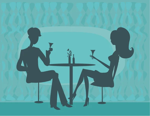 Jeune couple silhouette flirt et boire du champagne au restaurant — Image vectorielle