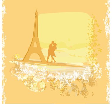 Romantik Çift siluet Paris Eiffel vaktimiz öpüşme