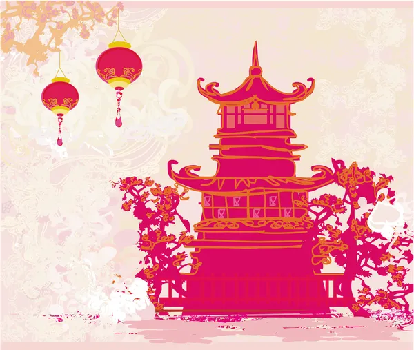 Oud papier met Aziatisch landschap en Chinese lantaarns — Stockvector