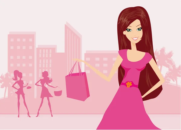 Glad flicka på shopping i staden illustration — Stock vektor