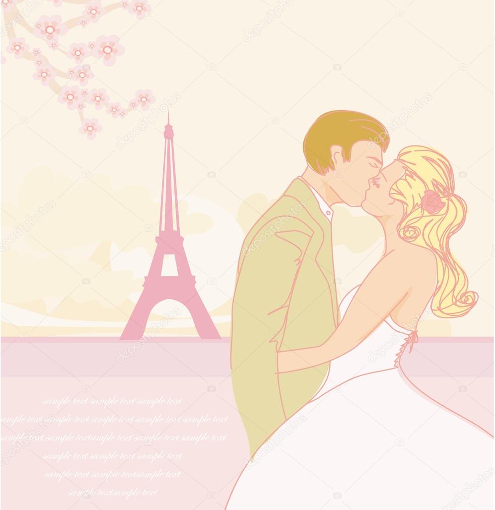 Wedding couple kissing in Paris background Stock Illustration by