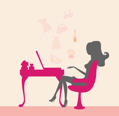 Online alışveriş - laptop ile oturan kadın silueti 