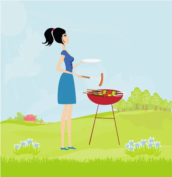 Femme cuisinant sur un gril dans le parc — Image vectorielle