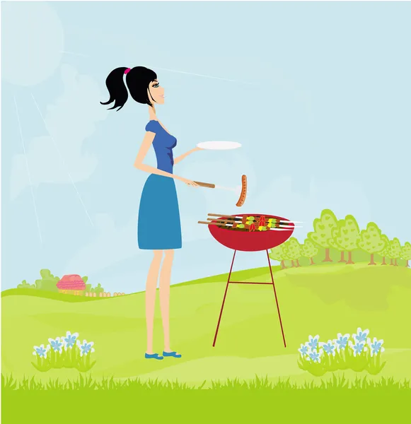 Mujer cocinando en una parrilla en el parque — Archivo Imágenes Vectoriales