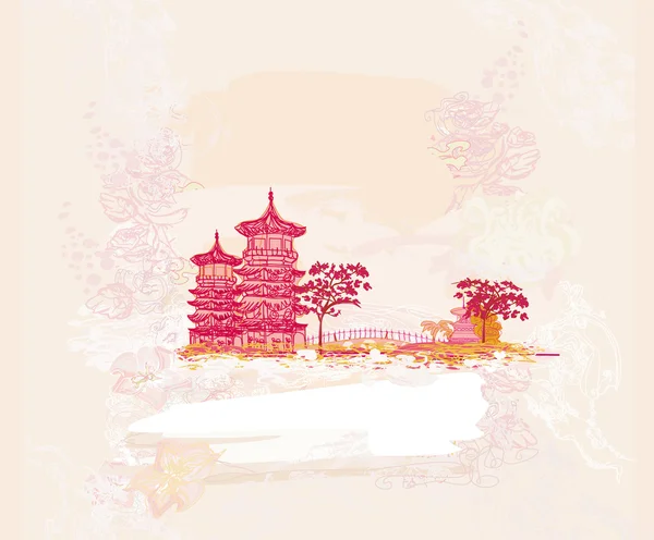 Vieux papier avec temple japonais sur paysage asiatique abstrait — Image vectorielle