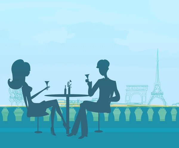 Молода пара силует флірт і пиття шампанського в Парижі — стоковий вектор
