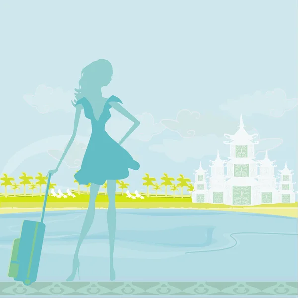 Beauty travel girl silhouette with baggage on vacation — Stock Vector