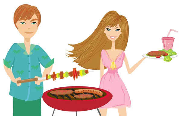 Young couple on barbecue Party — Stock Vector