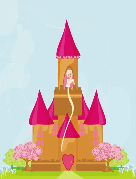 Illustrazione della principessa in torre in attesa del principe — Vettoriale Stock