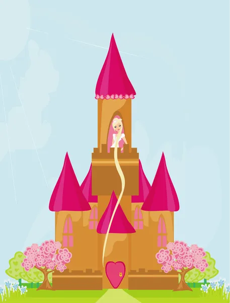 Illustratie van prinses in toren wachtend op prins — Stockvector