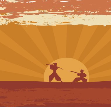 Samuray silueti olan eski bir kağıt. 