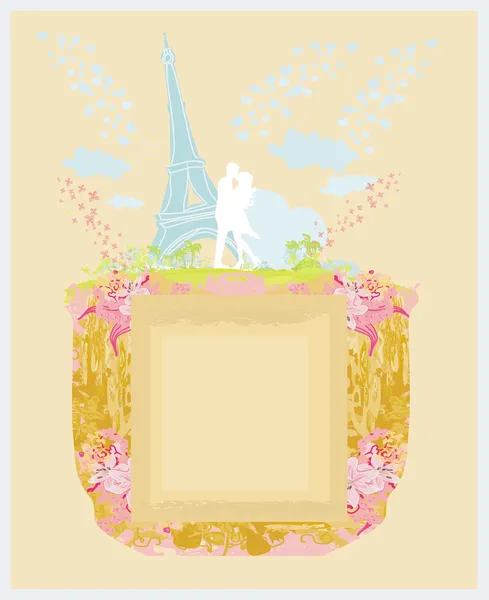 Romantic couple silhouette in Paris kissing near the Eiffel Tower — Stock Vector