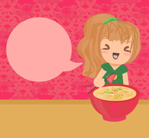 Сладкая счастливая азиатская девочка наслаждайтесь суши — стоковый вектор
