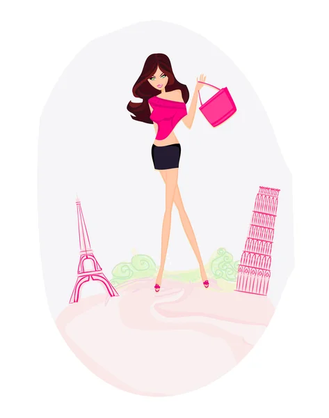 Hermosas mujeres Compras en Francia e Italia — Vector de stock