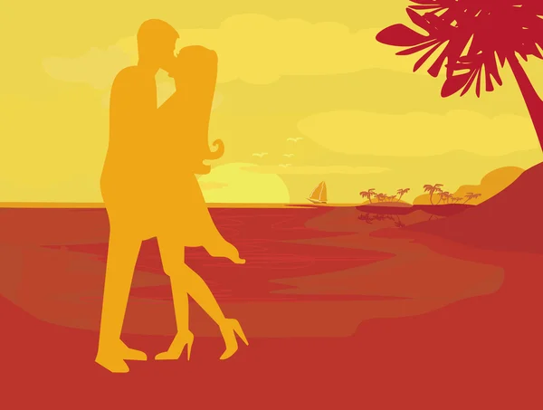 Silueta pareja besos en tropical playa — Vector de stock