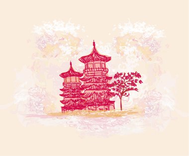 Çin eski soyut Asya peyzaj üzerinde bina ile eski kağıt