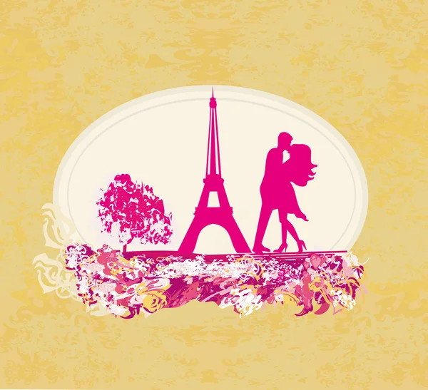 パリのエッフェル塔の近くにキスでロマンチックなカップルのシルエット — ストックベクタ