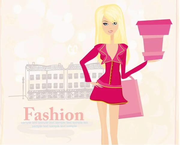 Alışveriş torbaları ve hediye kutusuyla moda alışverişi yapan kız. — Stok Vektör
