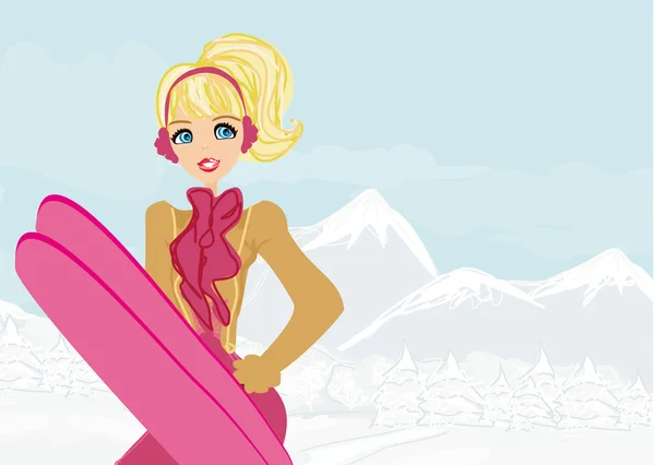 Krásná blondýnka s lyžemi na zimní pozadí — Stockový vektor