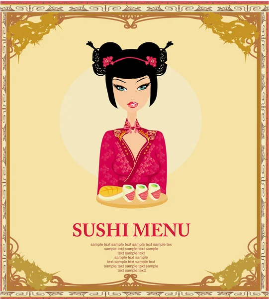 Hermosa chica asiática disfrutar de sushi - plantilla de menú — Vector de stock