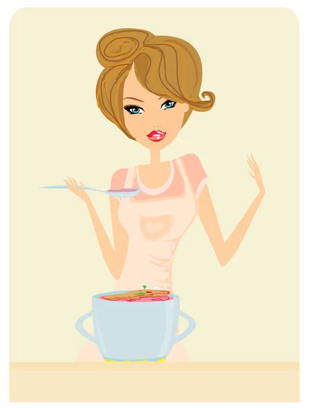 Beautiful lady cooking soup in the kitchen — Stock Vector