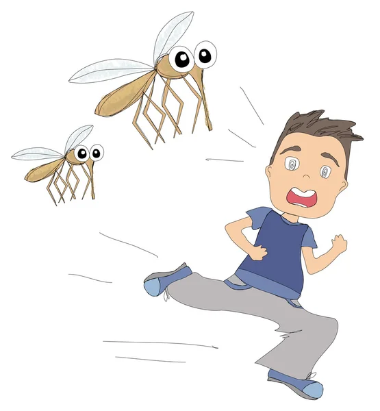 Boy runs away from mosquitoes — Stock Vector