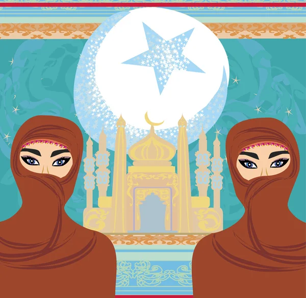 아름다운 머슬 렘 여인들이 이슬람 배경에 서 있다. — 스톡 벡터