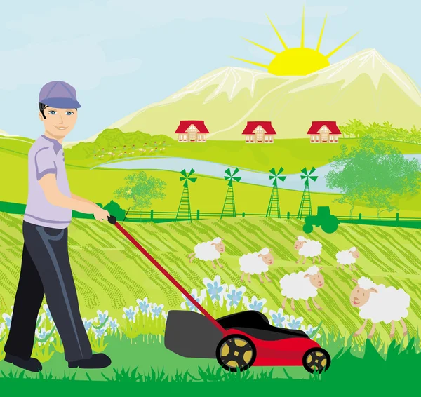 A vector illustration of a man mowing the lawn — Stock Vector