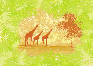 Grunge arka planla zürafa siluet soyut Afrika fauna ve florası üzerinde