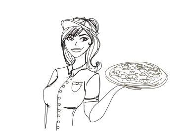 pizza, doodle illüstrasyon ile genç garson