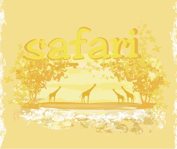 Sfondo grunge con silhouette giraffa su astratta fauna e flora africane — Vettoriale Stock