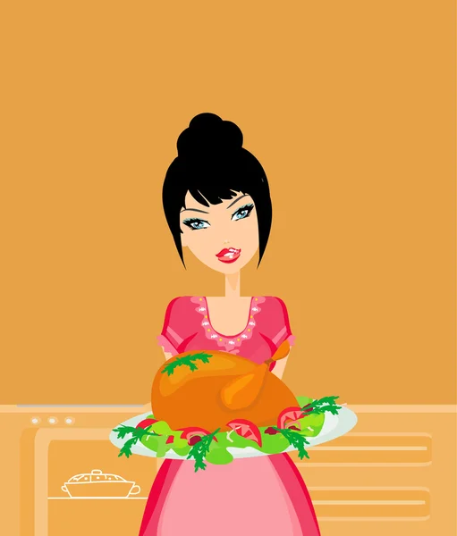 Femme au foyer cuisine dinde ou poulet dans la cuisine — Image vectorielle