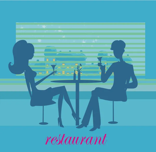 Young couple silhouette flirt and drink champagne in the restaurant — Stock Vector