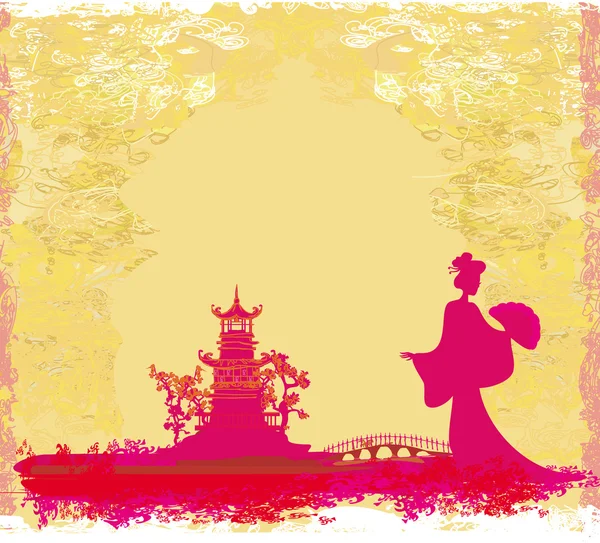 Old paper with geisha silhouette on abstract Asian Landscape — Stock Vector