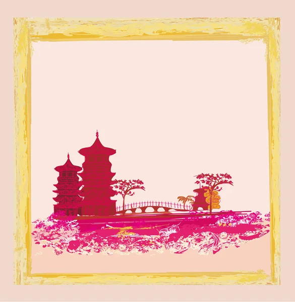 Vieux papier avec temple japonais sur paysage asiatique abstrait — Image vectorielle