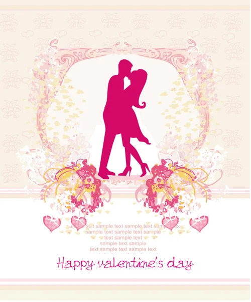 Floral greeting card with silhouette of romantic kissing couple — Stock Vector