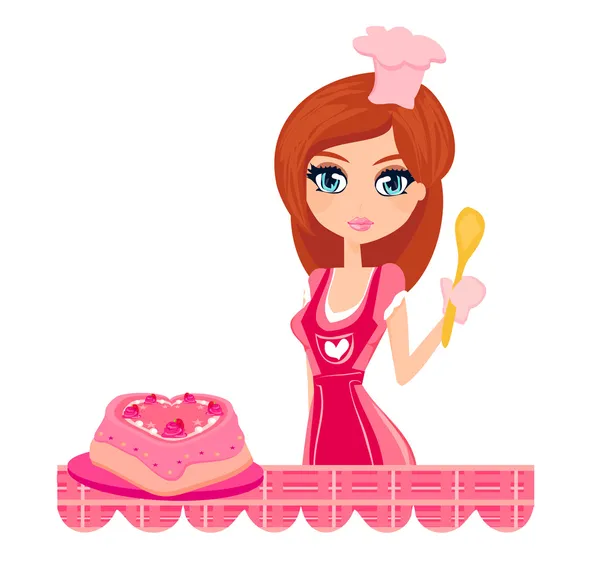 Süße Hausfrau backt Kuchen — Stockvektor