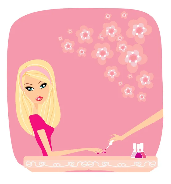 Young lady doing manicure in beauty salon — Stock Vector