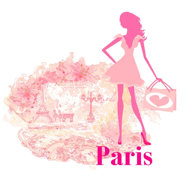 Bella silhouette donna Shopping a Parigi - carta vettoriale — Vettoriale Stock