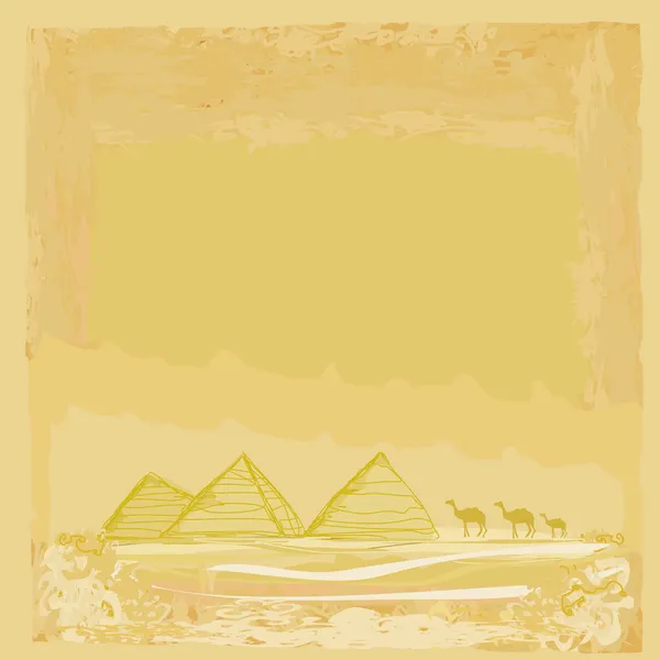 Vieux papier avec pyramides giza et silhouette de chameaux — Image vectorielle
