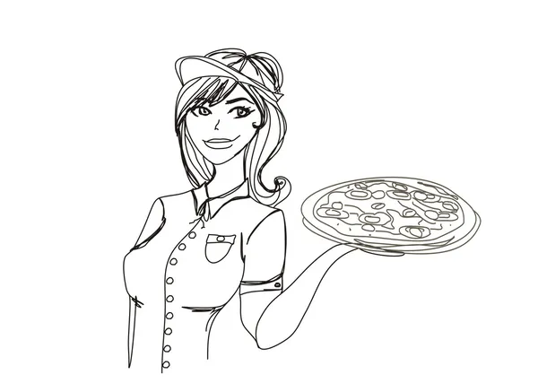 Jeune serveuse avec pizza, illustration de gribouillis — Image vectorielle