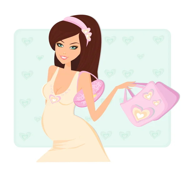 Beautiful pregnant woman on shopping for her new baby. — Stock Vector
