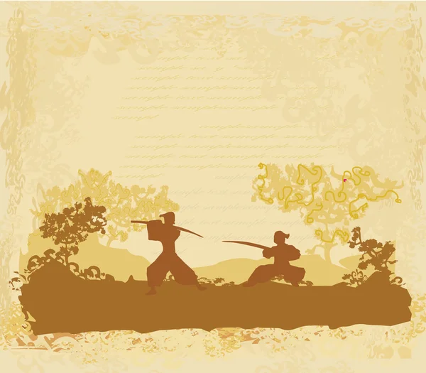 Combattere samurai silhouette in asiatico paesaggio — Vettoriale Stock