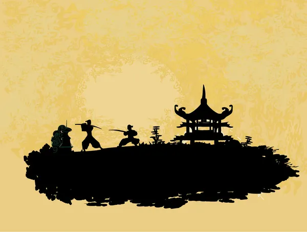 Fighting samurai silhouette in Asian Landscape — Stock Vector