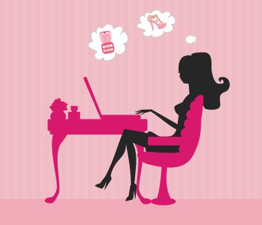 Online alışveriş - laptop ile oturan genç bir kadın silueti 